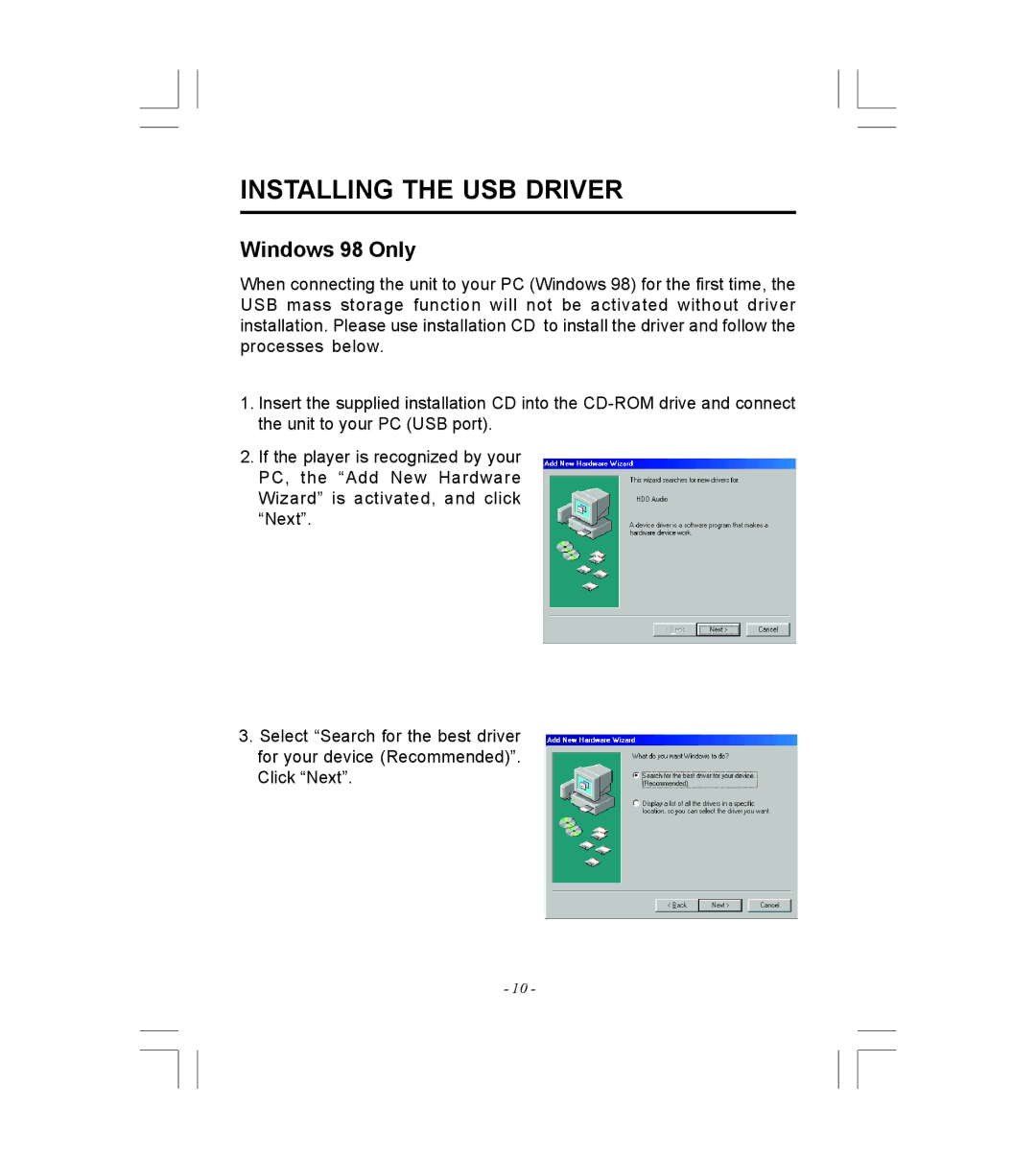 Microsoft HDP-3202-BS instruction manual Installing the USB Driver, Windows 98 Only 