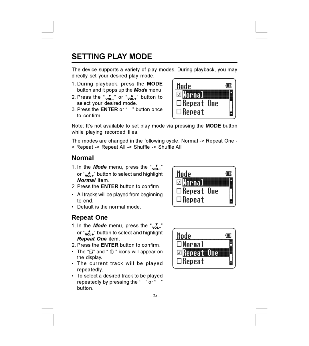 Microsoft HDP-3202-BS Setting Play Mode, Normal, Or VOL button to select and highlight Repeat One item 