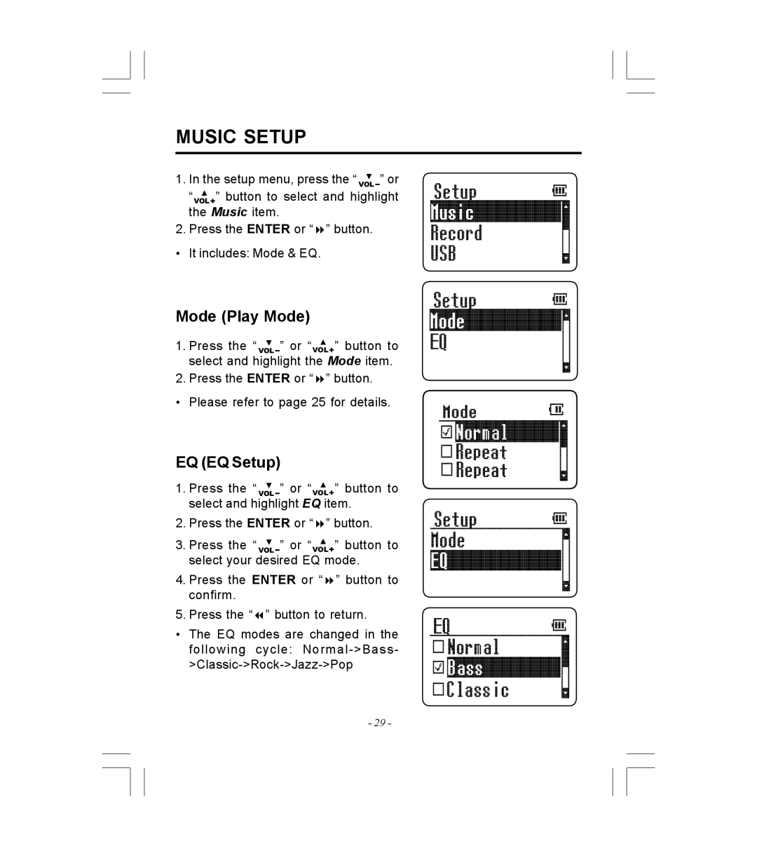 Microsoft HDP-3202-BS instruction manual Music Setup, Mode Play Mode, EQ EQ Setup 