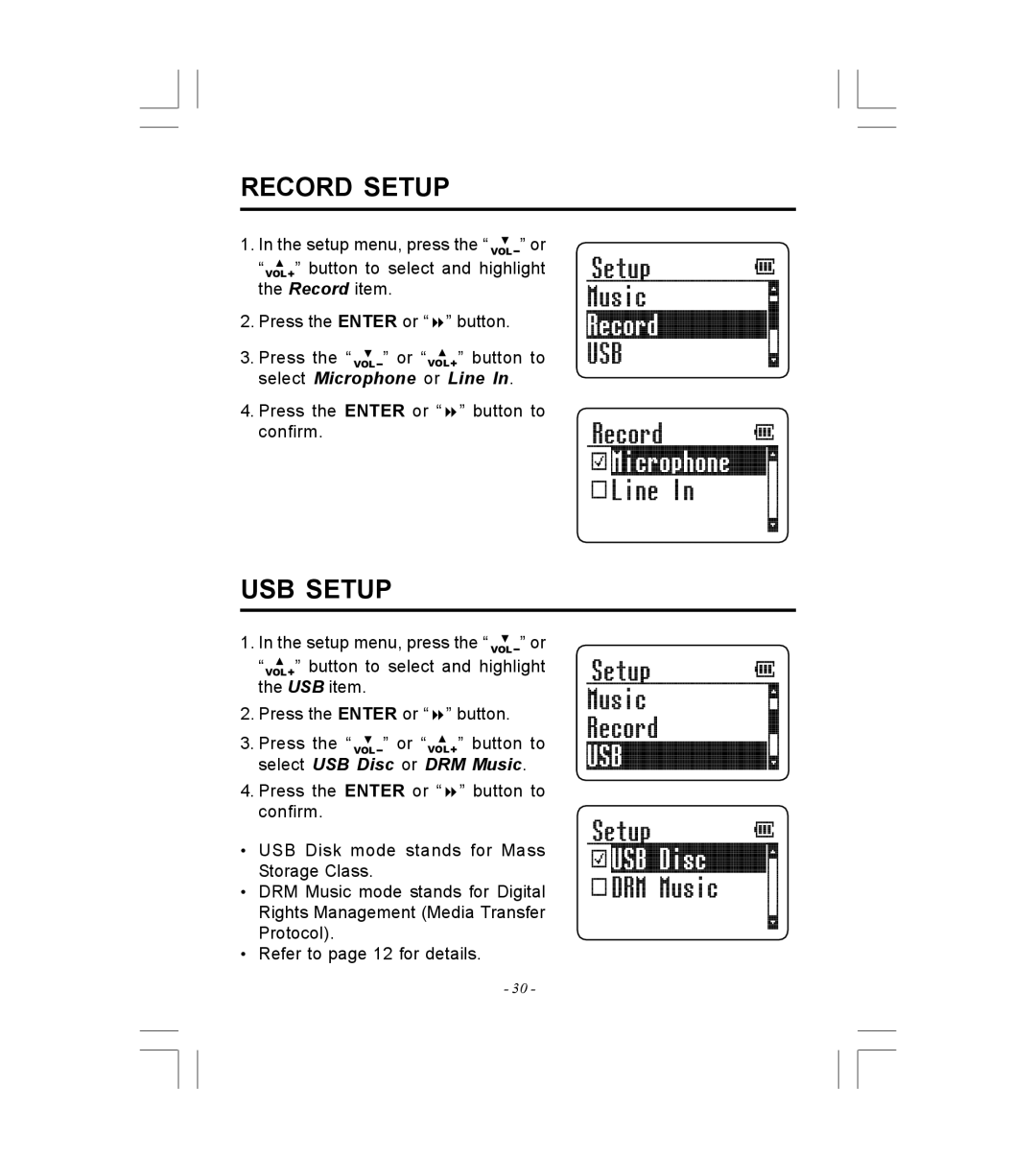 Microsoft HDP-3202-BS instruction manual Record Setup, USB Setup, Press the VOL or VOL button to select Microphone or Line 