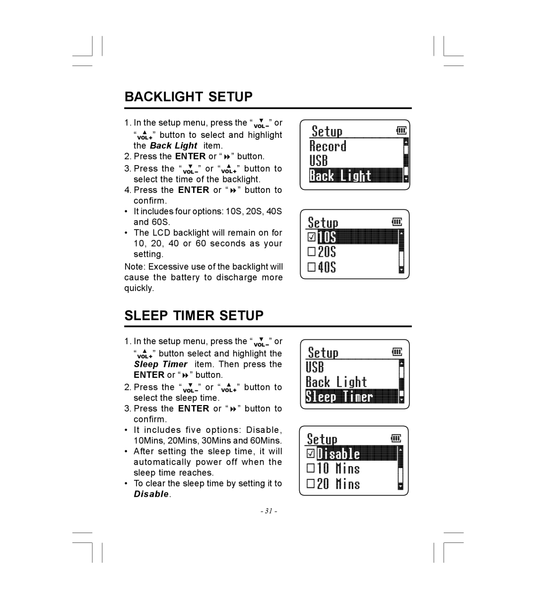 Microsoft HDP-3202-BS instruction manual Backlight Setup, Sleep Timer Setup, Back Light item 