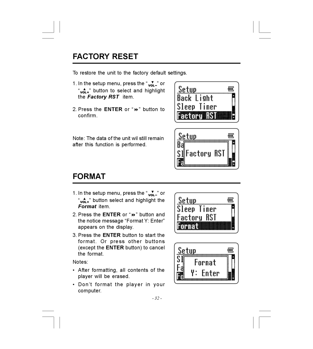 Microsoft HDP-3202-BS instruction manual Factory Reset, Factory RST item, Format item 