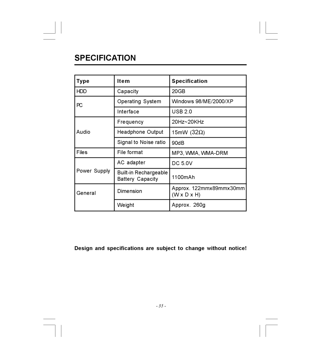 Microsoft HDP-3202-BS instruction manual Type Specification 