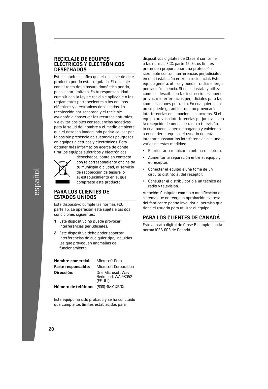 Microsoft ICES-003, Big Button Pad, 032502 manual Para LOS Clientes DE Estados Unidos, Para LOS Clientes DE Canadá 