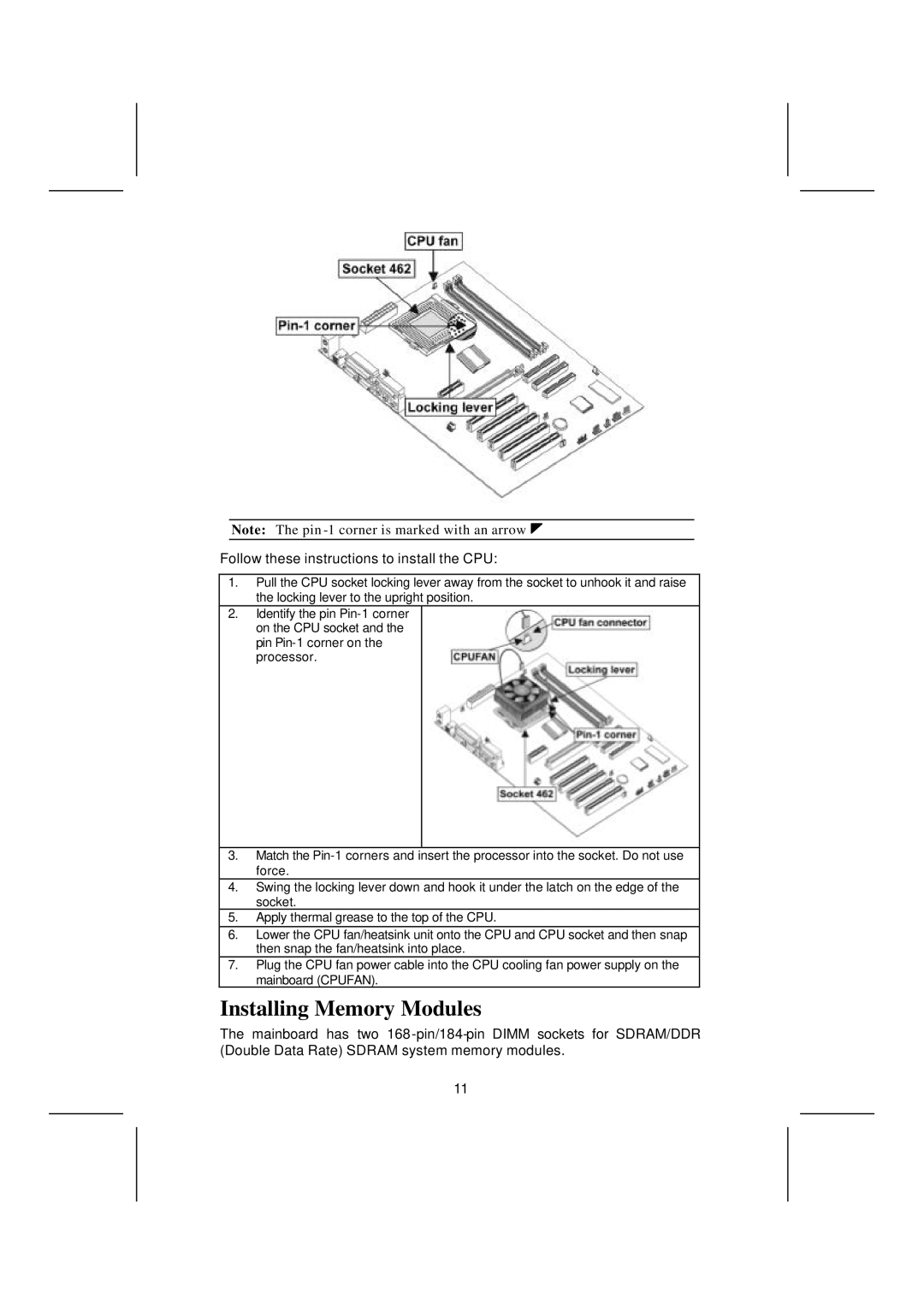 Microsoft K7S5A, mainboard manual Installing Memory Modules, Follow these instructions to install the CPU 