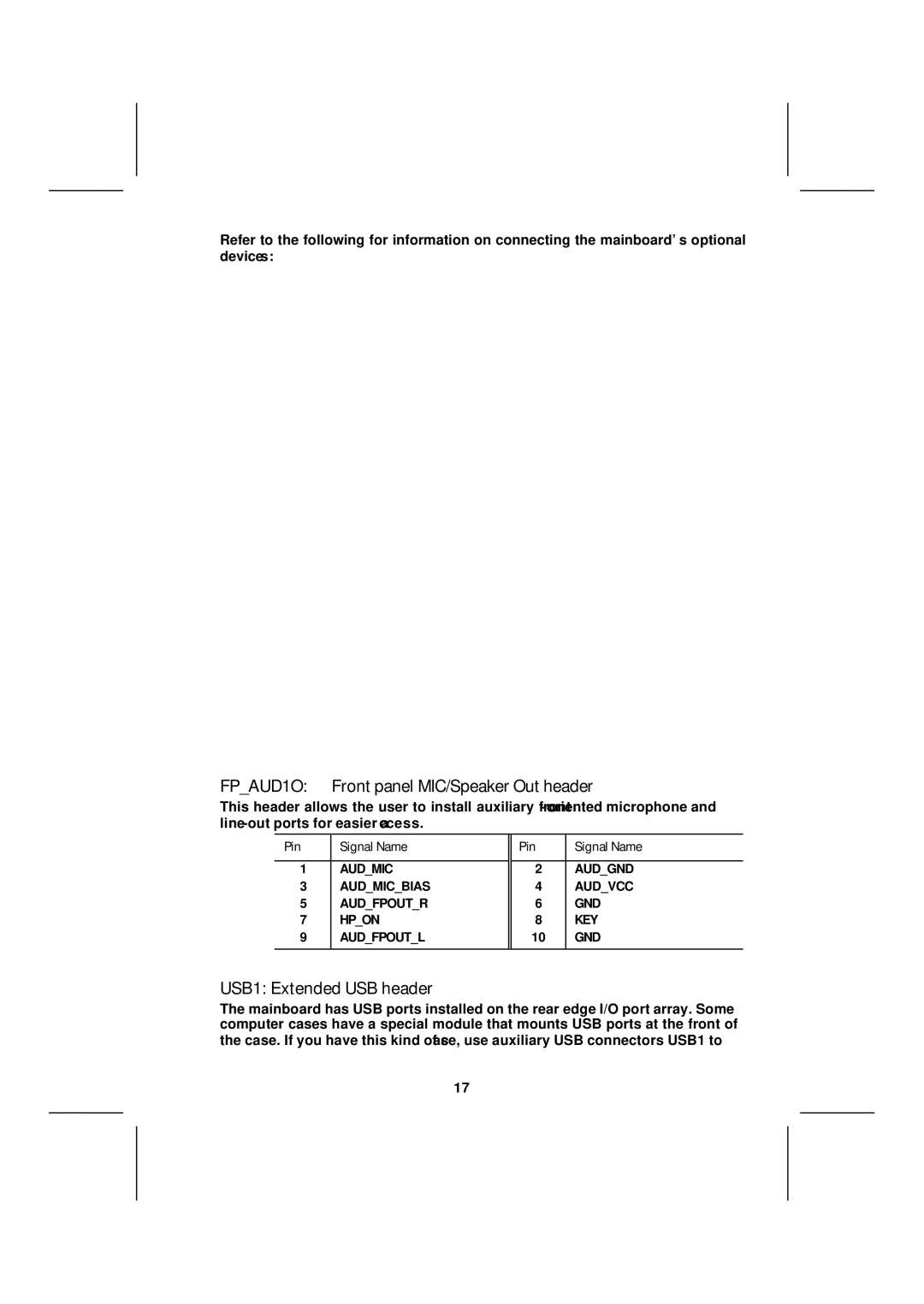 Microsoft K7S5A, mainboard manual FPAUD1O Front panel MIC/Speaker Out header, USB1 Extended USB header 