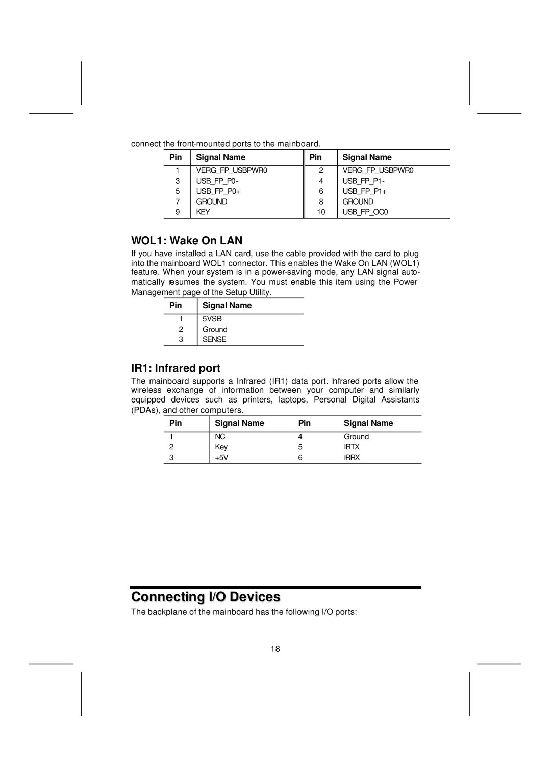 Microsoft mainboard, K7S5A manual Connecting I/O Devices, WOL1 Wake On LAN, IR1 Infrared port 