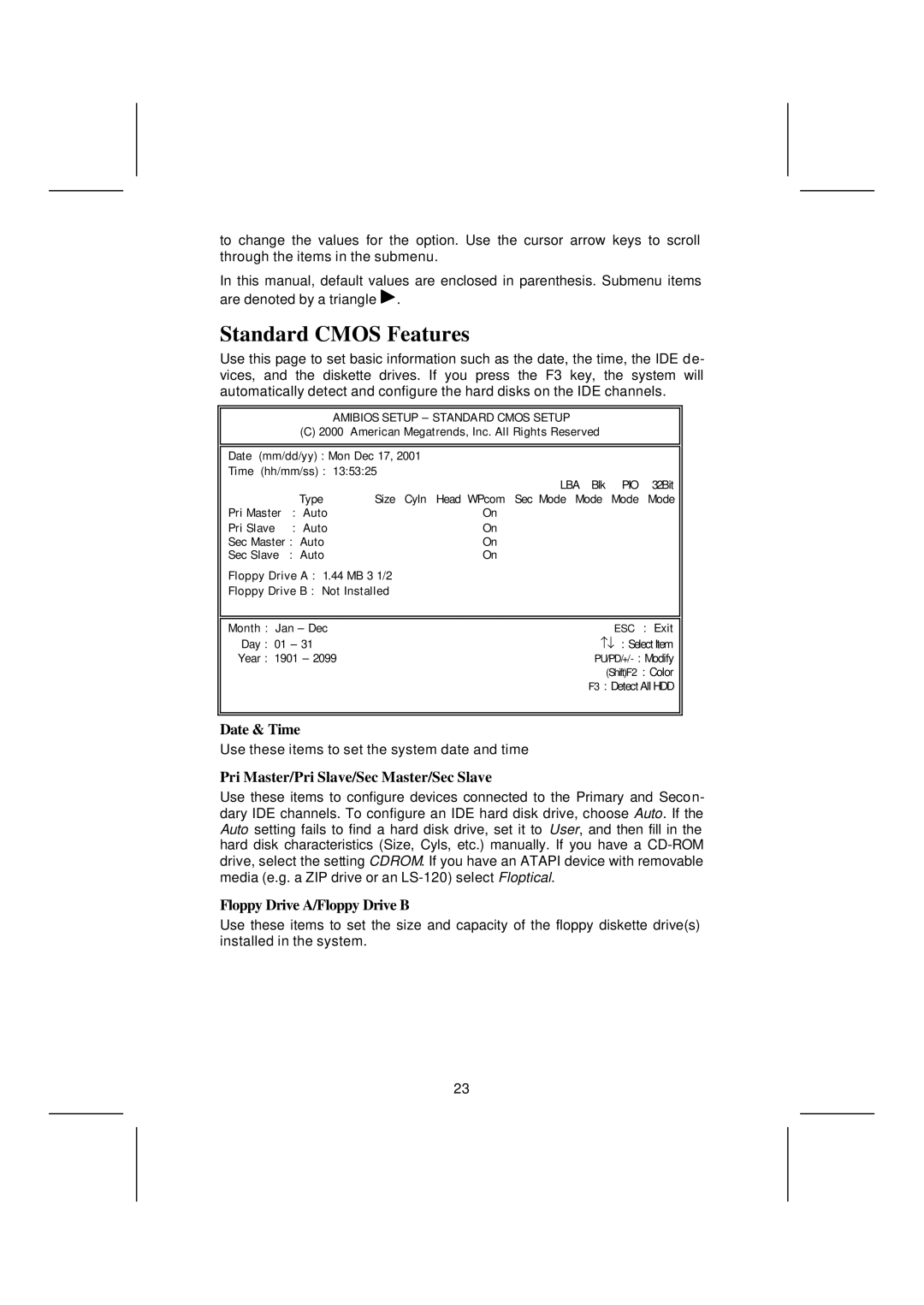 Microsoft K7S5A, mainboard manual Standard Cmos Features, Date & Time, Pri Master/Pri Slave/Sec Master/Sec Slave 