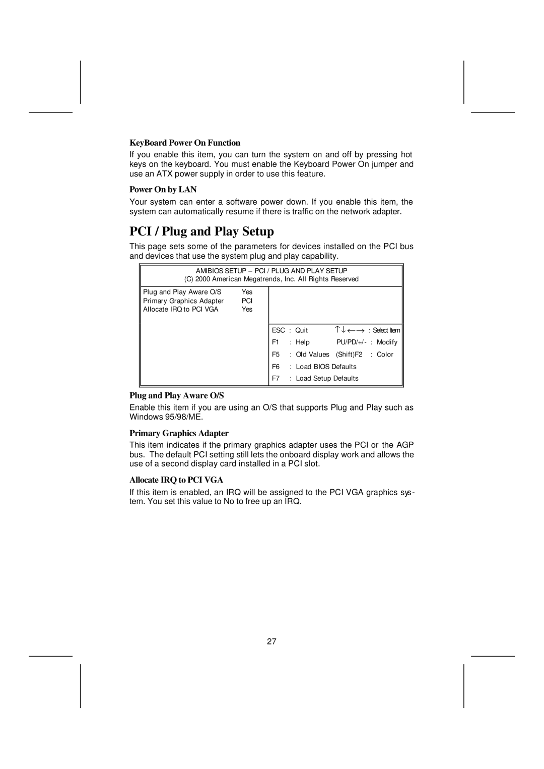 Microsoft K7S5A, mainboard manual PCI / Plug and Play Setup 