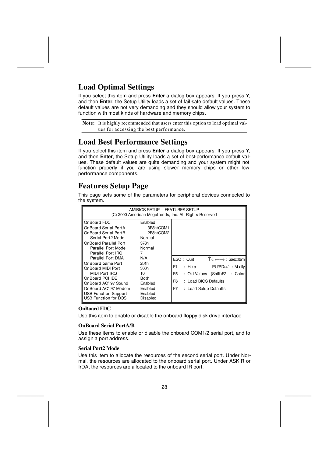 Microsoft mainboard, K7S5A manual Load Optimal Settings, Load Best Performance Settings, Features Setup 