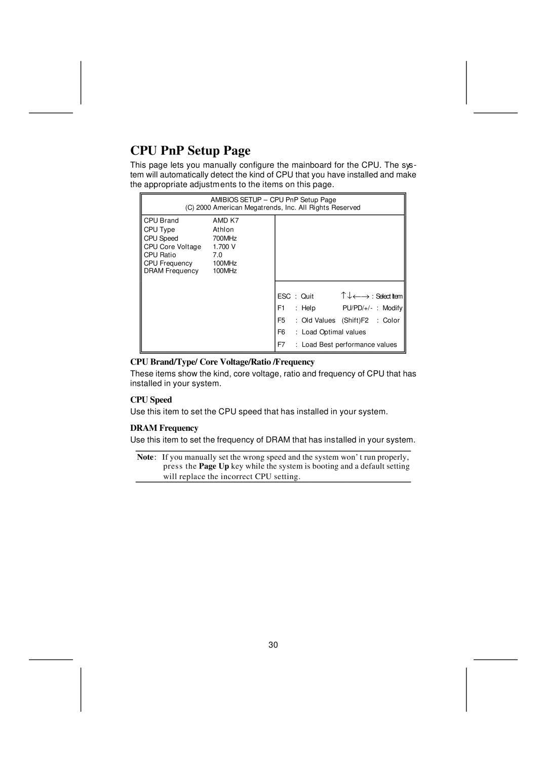 Microsoft mainboard, K7S5A CPU PnP Setup, CPU Brand/Type/ Core Voltage/Ratio /Frequency, CPU Speed, Dram Frequency, AMD K7 