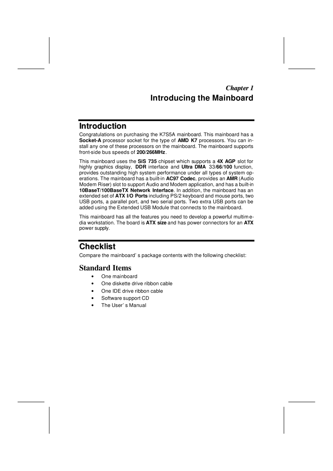 Microsoft K7S5A, mainboard manual Introducing the Mainboard Introduction, Checklist, Standard Items 