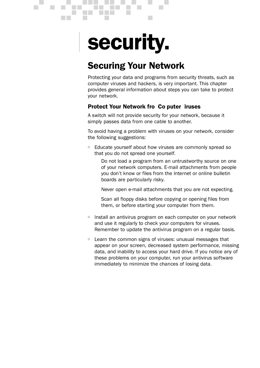 Microsoft MN-150 manual Security, Securing Your Network, Protect Your Network from Computer Viruses 