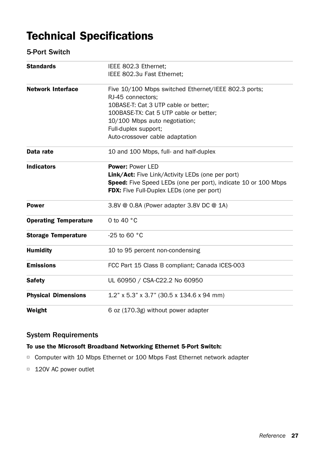 Microsoft MN-150 manual Technical Specifications, Port Switch, System Requirements 