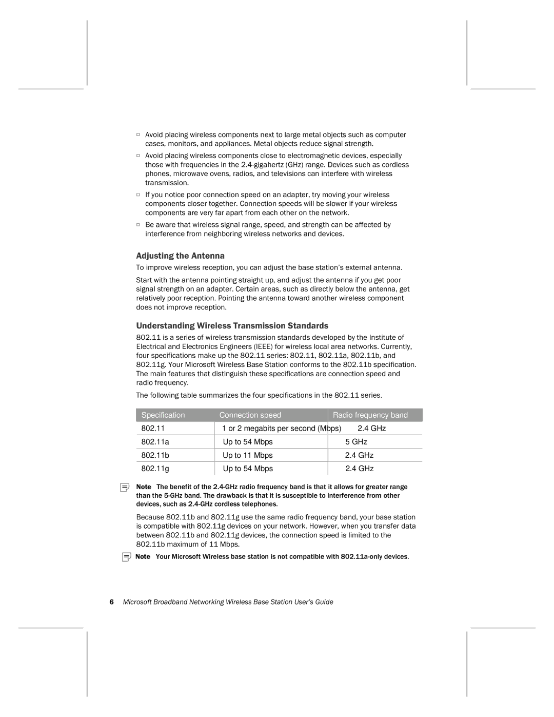 Microsoft MN-500 manual Adjusting the Antenna, Understanding Wireless Transmission Standards 