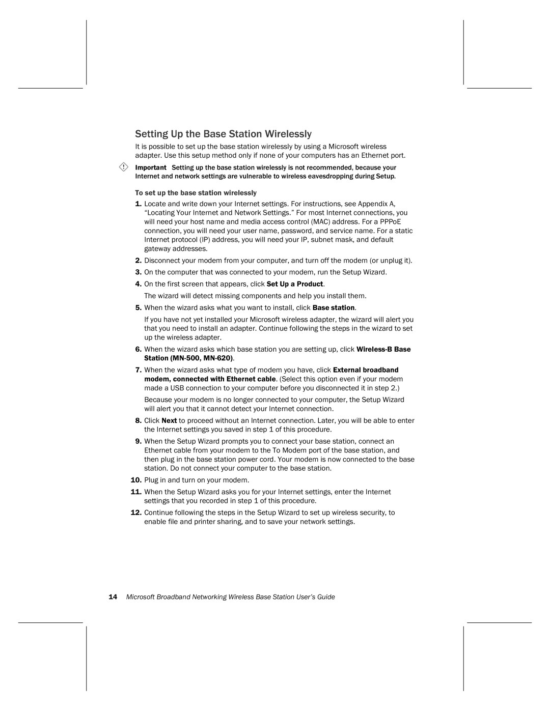 Microsoft MN-500 manual Setting Up the Base Station Wirelessly, To set up the base station wirelessly 