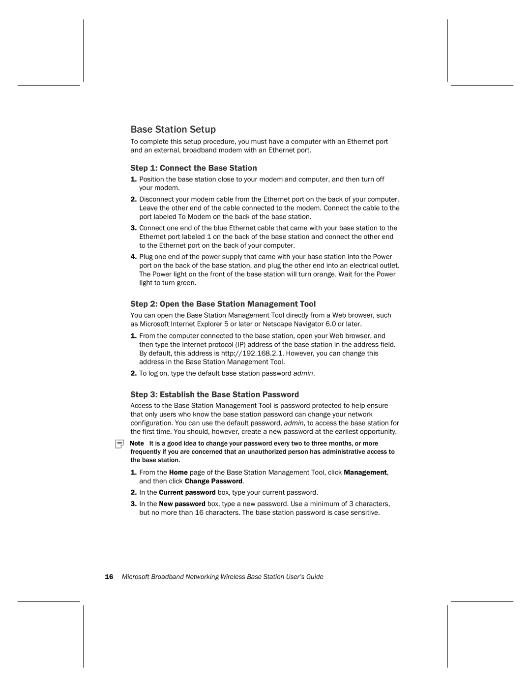 Microsoft MN-500 manual Base Station Setup, Open the Base Station Management Tool, Establish the Base Station Password 