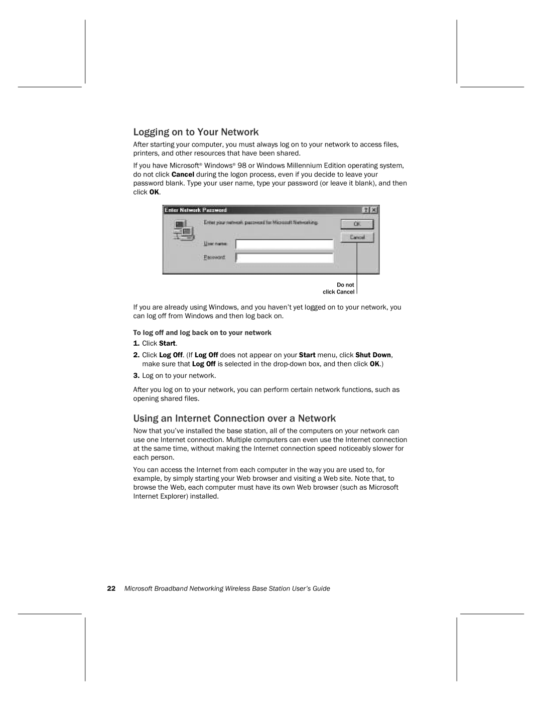 Microsoft MN-500 manual Logging on to Your Network, Using an Internet Connection over a Network 