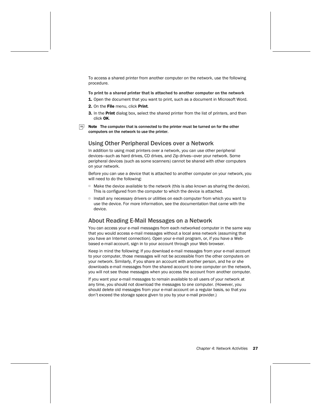 Microsoft MN-500 manual Using Other Peripheral Devices over a Network, About Reading E-Mail Messages on a Network 