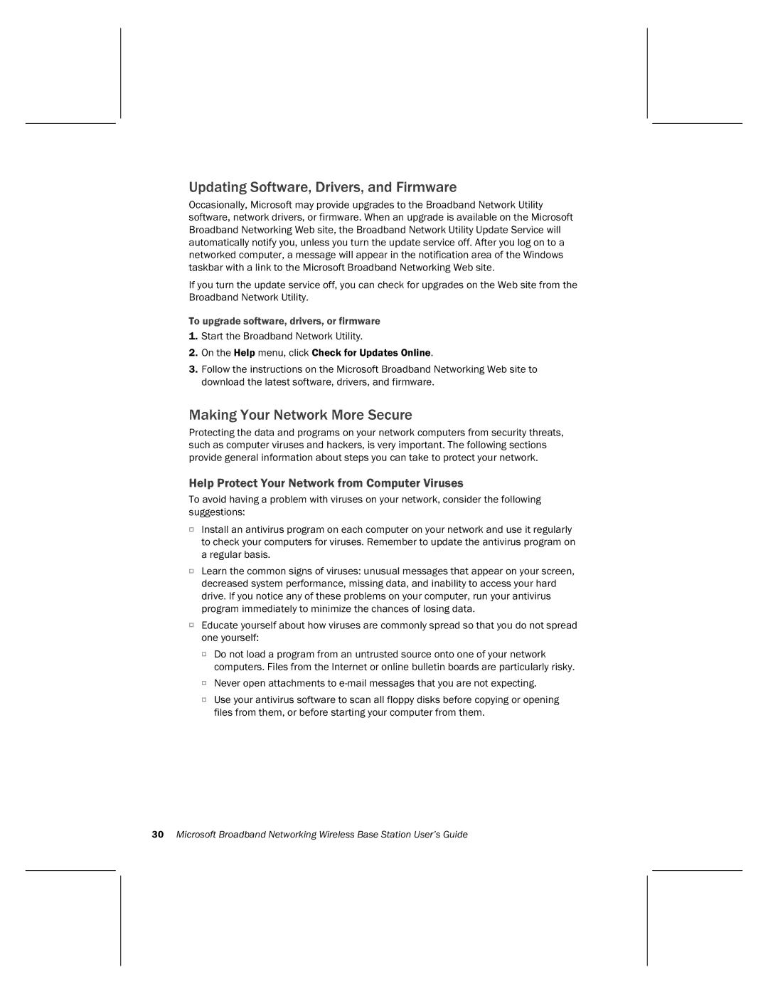 Microsoft MN-500 manual Updating Software, Drivers, and Firmware, Making Your Network More Secure 