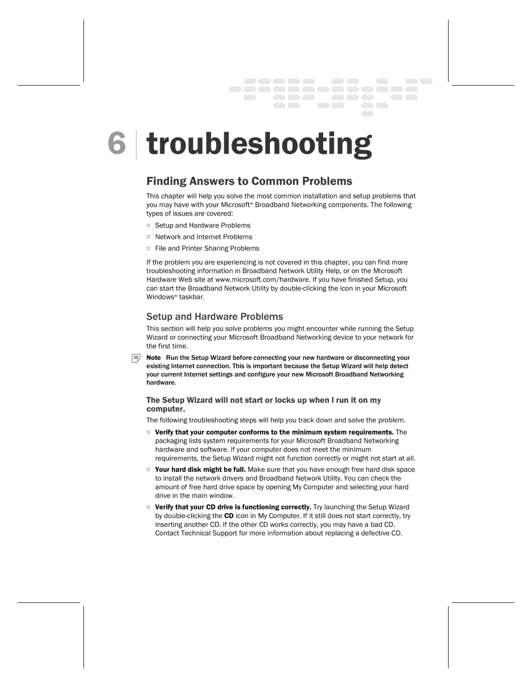 Microsoft MN-500 manual Troubleshooting, Setup and Hardware Problems 