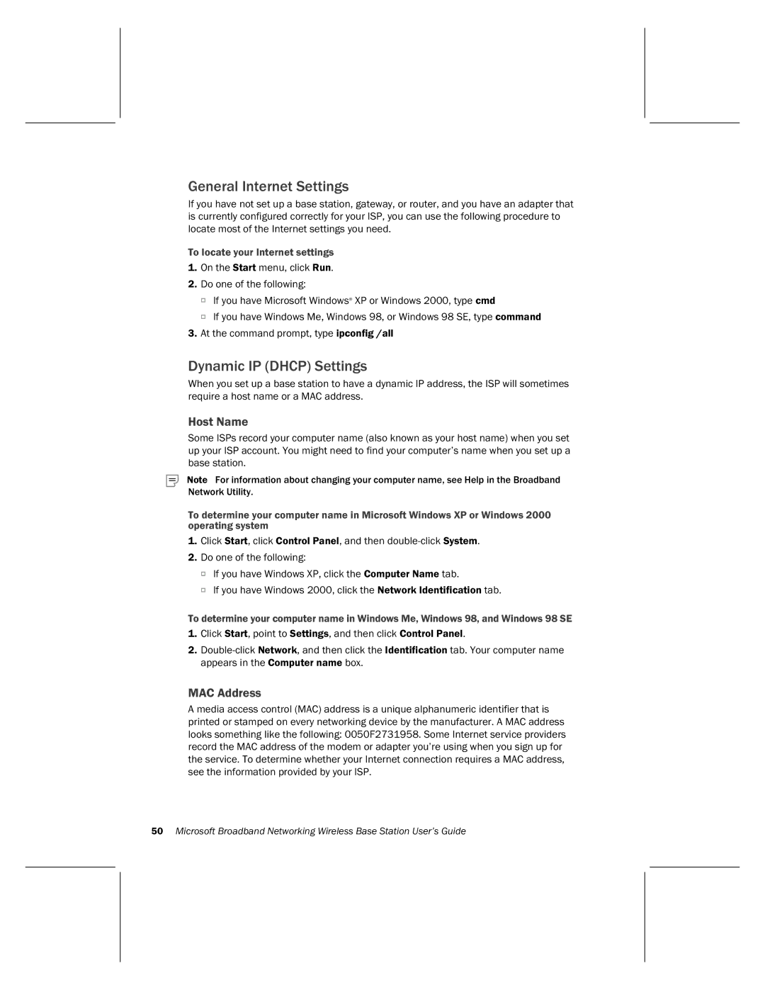 Microsoft MN-500 manual General Internet Settings, Dynamic IP Dhcp Settings, Host Name, MAC Address 