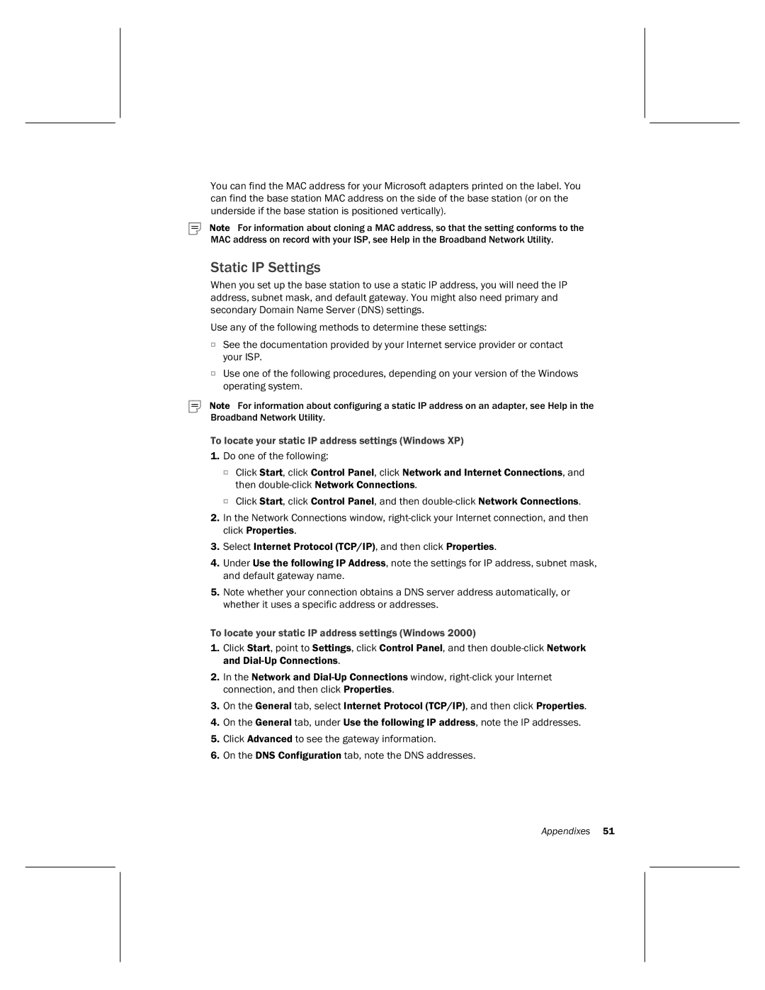 Microsoft MN-500 manual Static IP Settings, To locate your static IP address settings Windows XP 