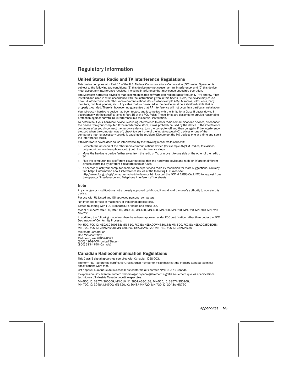 Microsoft MN-500 manual Regulatory Information, United States Radio and TV Interference Regulations 