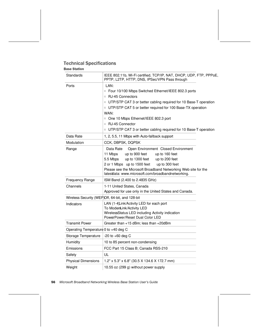 Microsoft MN-500 manual Technical Specifications, Base Station 