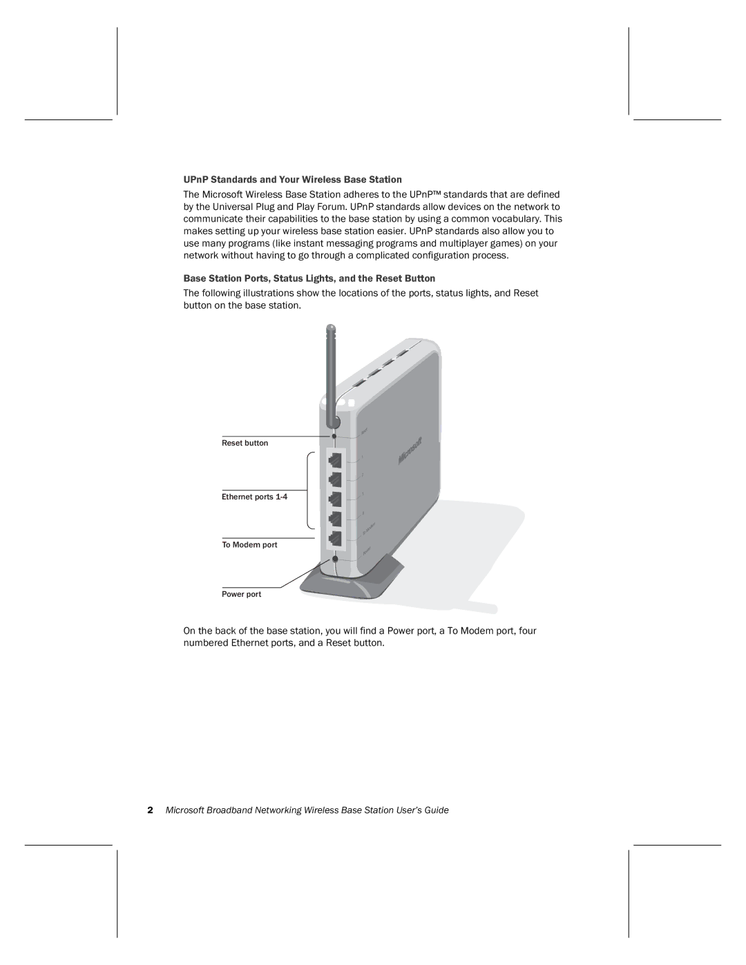 Microsoft MN-500 UPnP Standards and Your Wireless Base Station, Base Station Ports, Status Lights, and the Reset Button 