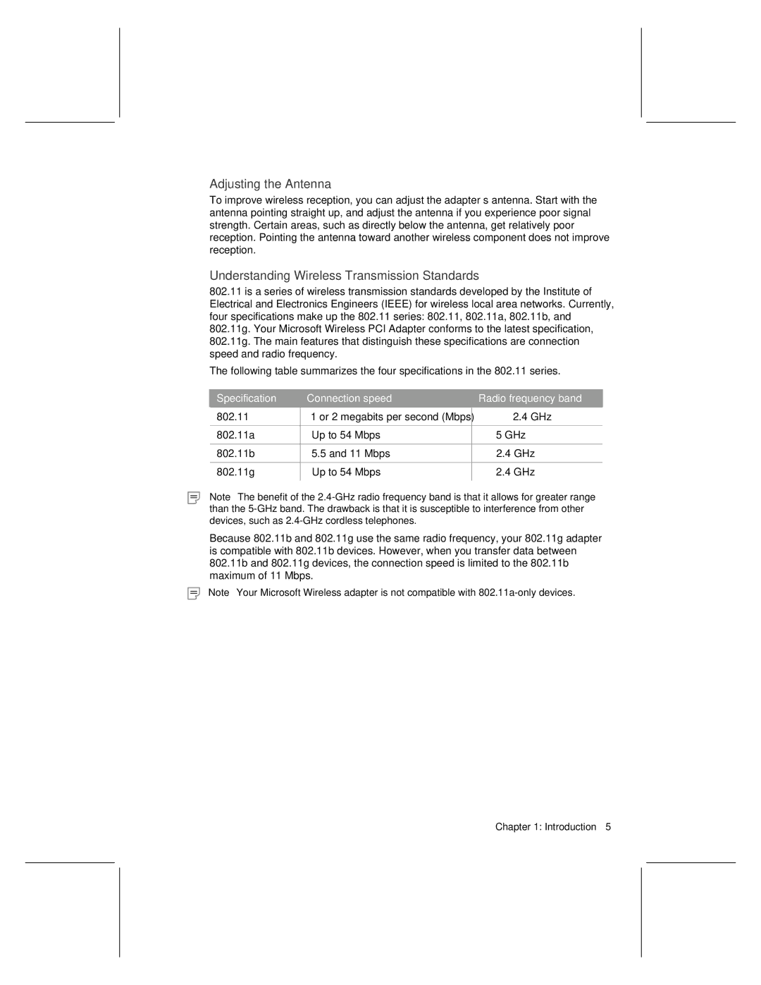 Microsoft MN-730 manual Adjusting the Antenna, Understanding Wireless Transmission Standards 