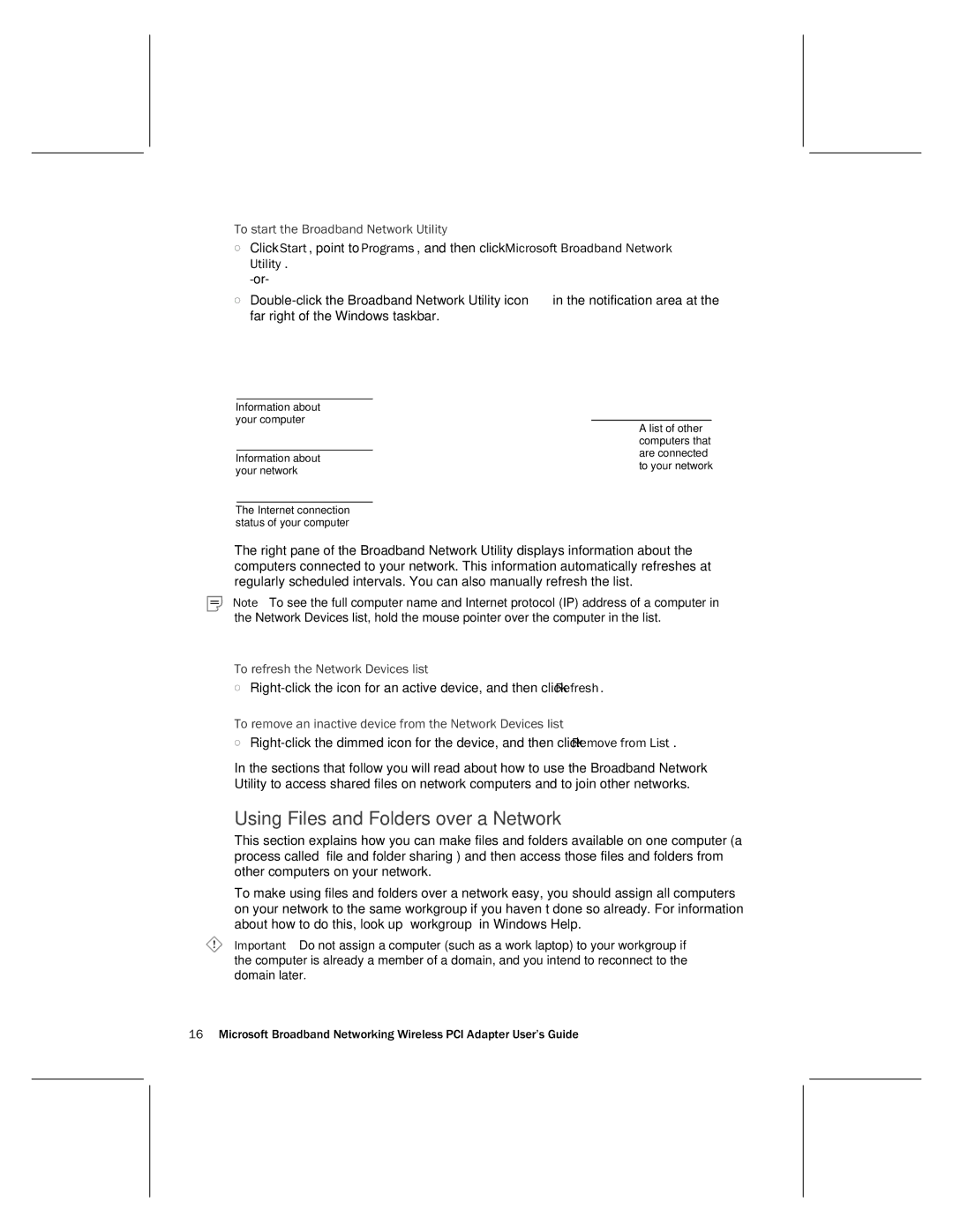 Microsoft MN-730 manual Using Files and Folders over a Network, To start the Broadband Network Utility 