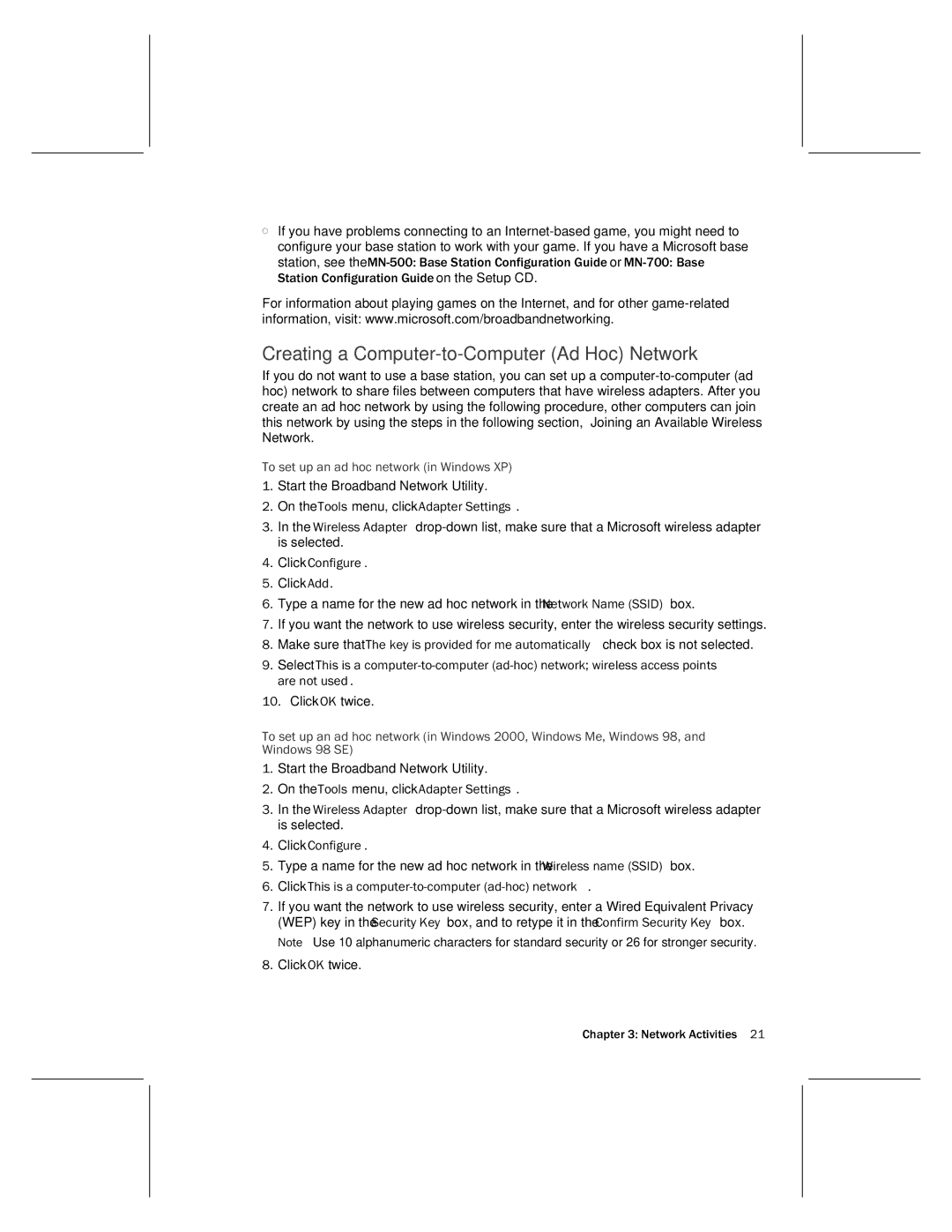 Microsoft MN-730 manual Creating a Computer-to-Computer Ad Hoc Network, To set up an ad hoc network in Windows XP 