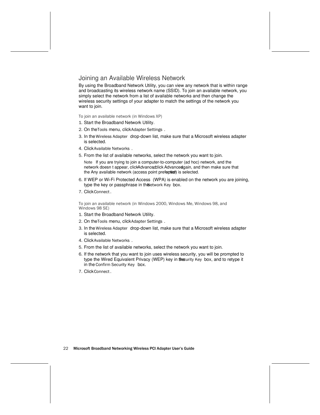 Microsoft MN-730 manual Joining an Available Wireless Network, To join an available network in Windows XP 