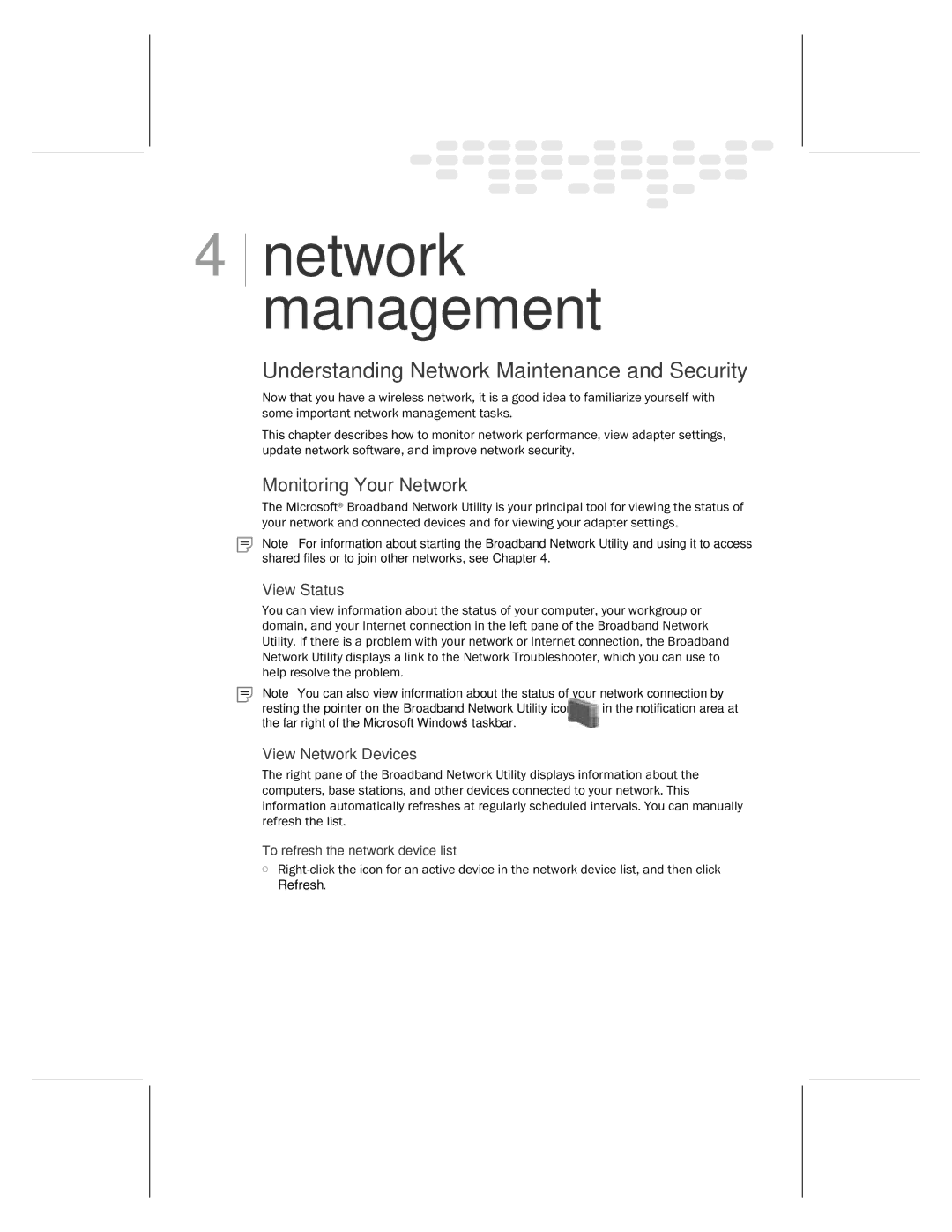 Microsoft MN-730 manual Monitoring Your Network, View Status, View Network Devices, To refresh the network device list 