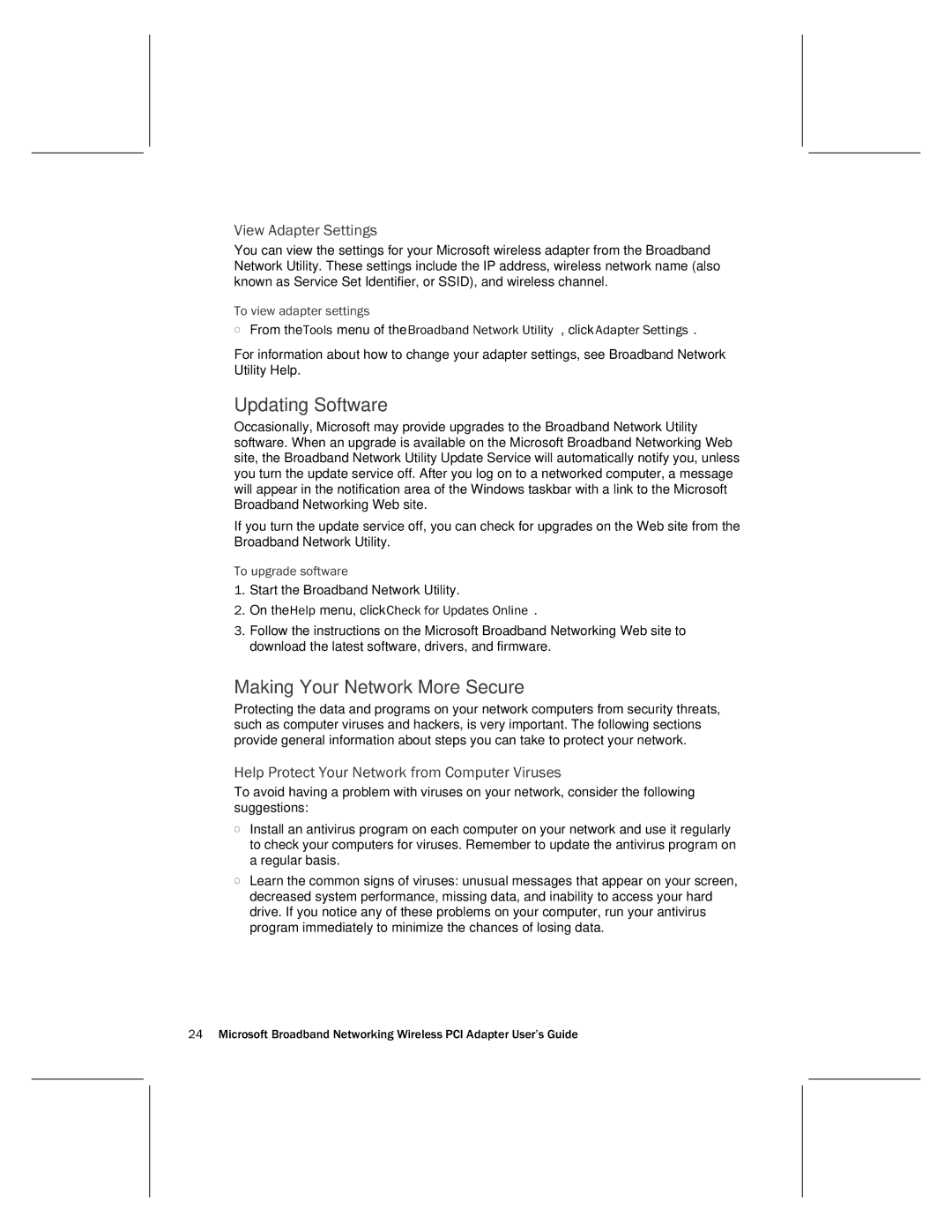 Microsoft MN-730 manual Updating Software, Making Your Network More Secure, View Adapter Settings 