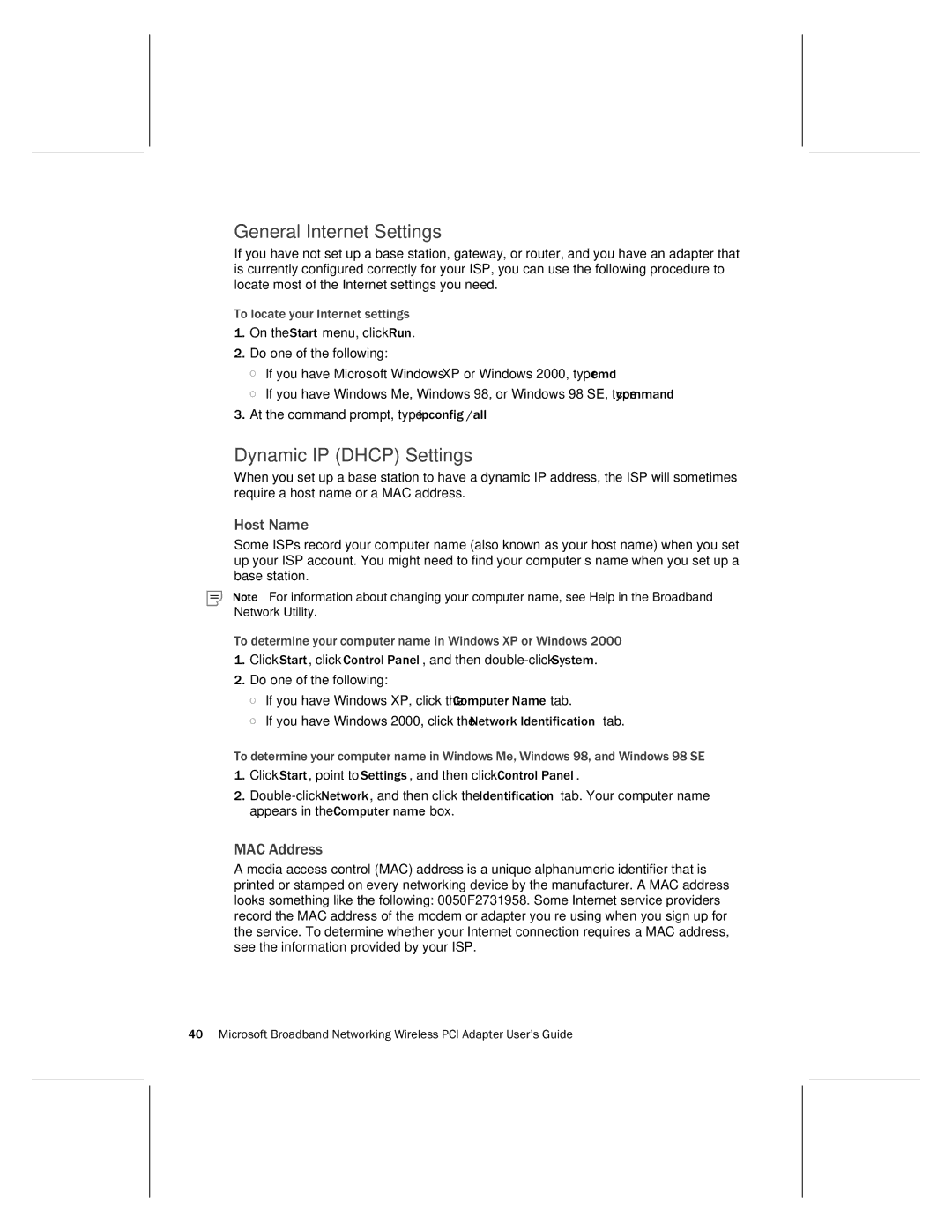 Microsoft MN-730 manual General Internet Settings, Dynamic IP Dhcp Settings, Host Name, MAC Address 