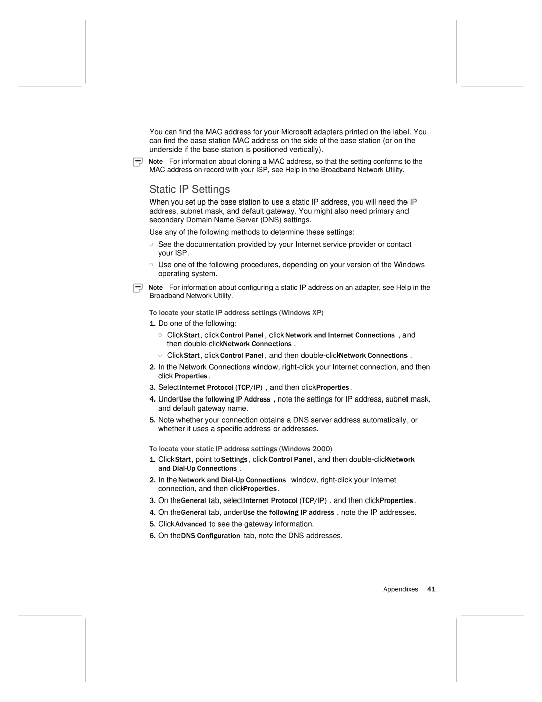 Microsoft MN-730 manual Static IP Settings, To locate your static IP address settings Windows XP 