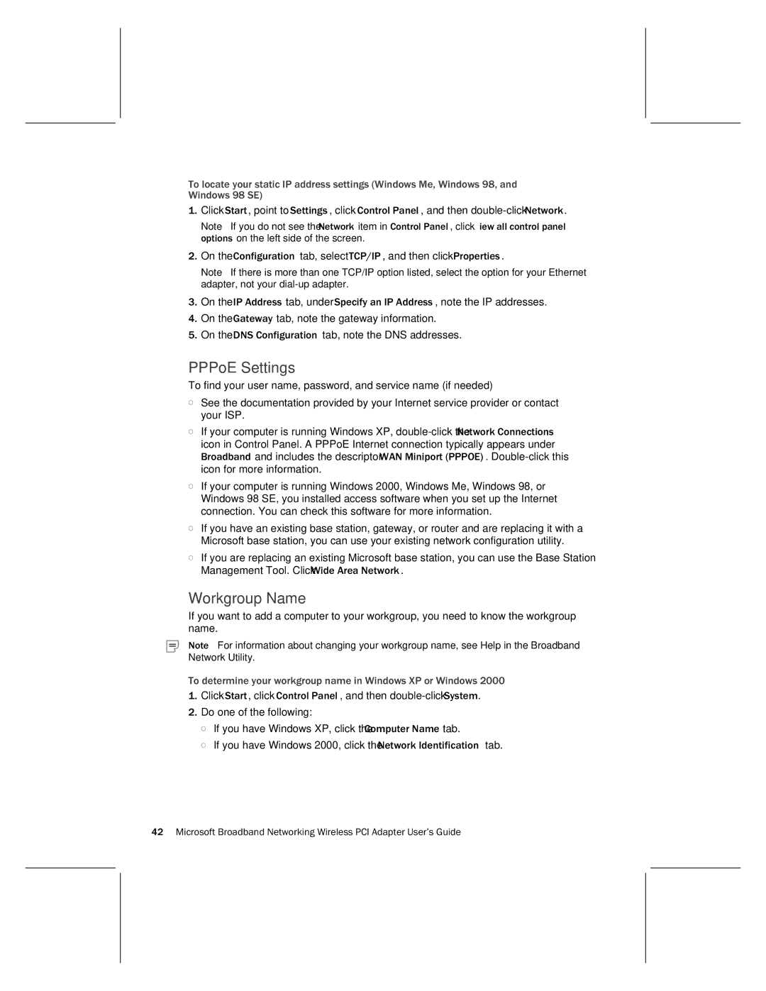 Microsoft MN-730 manual PPPoE Settings, Workgroup Name, To determine your workgroup name in Windows XP or Windows 