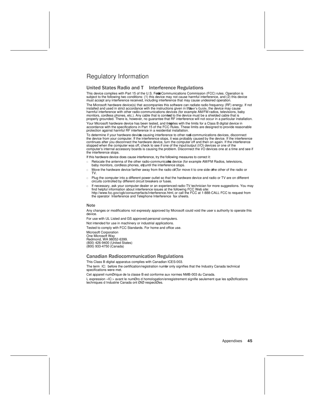 Microsoft MN-730 manual Regulatory Information, United States Radio and TV Interference Regulations 