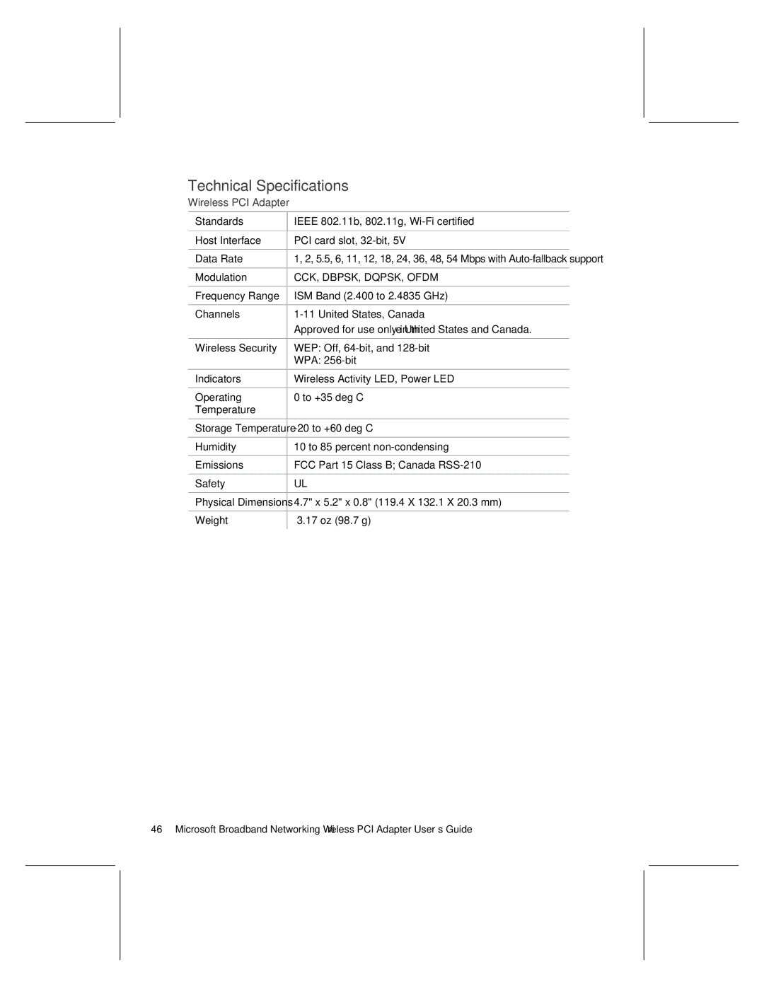 Microsoft MN-730 manual Technical Specifications, Wireless PCI Adapter 