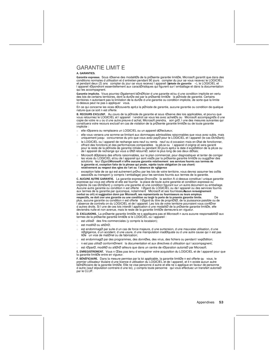 Microsoft MN-730 manual Garantie Limitée 