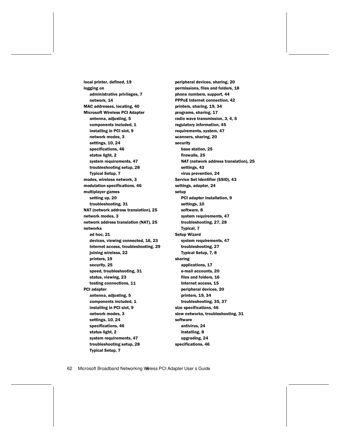 Microsoft MN-730 manual MAC addresses, locating, 40 Microsoft Wireless PCI Adapter 