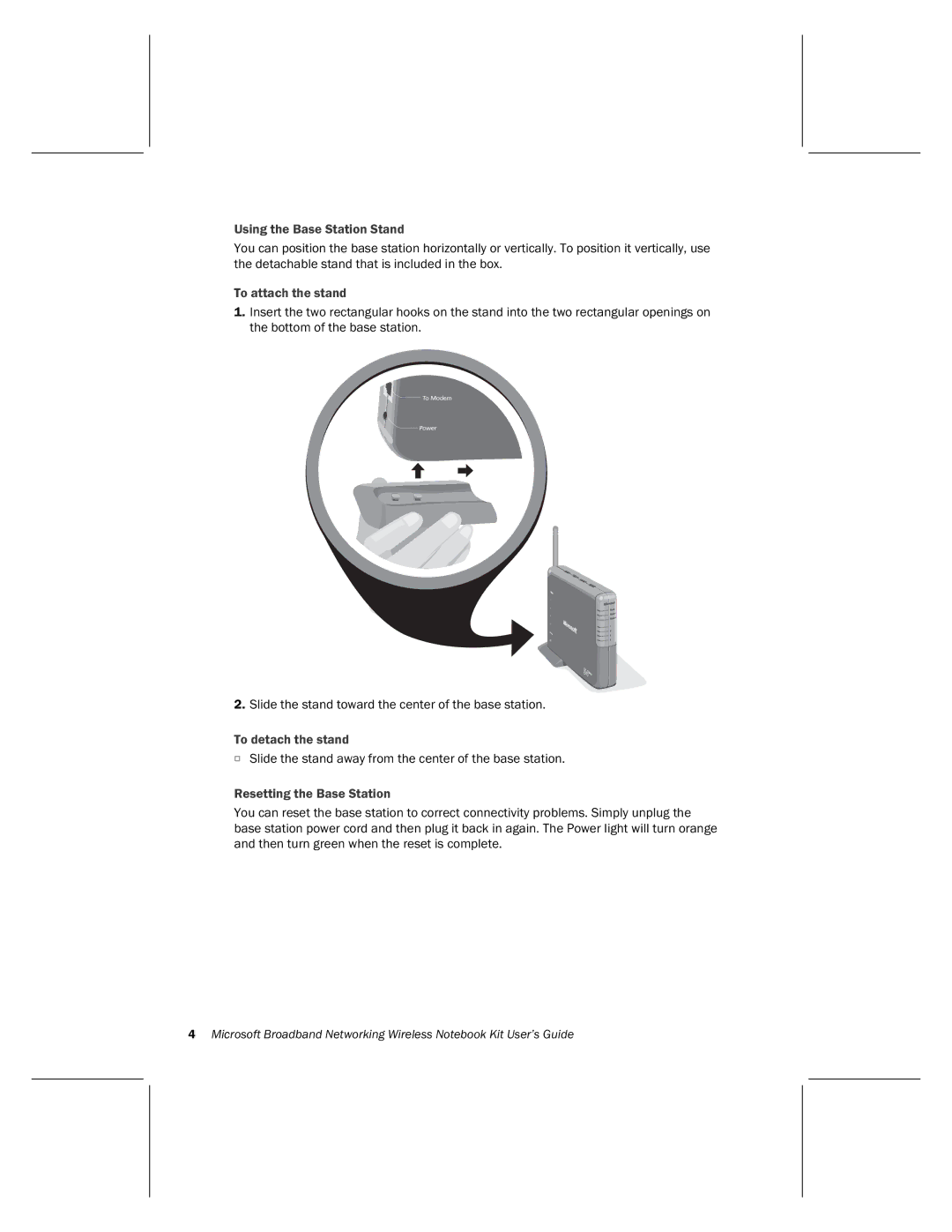 Microsoft MN-820 manual Using the Base Station Stand, To attach the stand, To detach the stand, Resetting the Base Station 