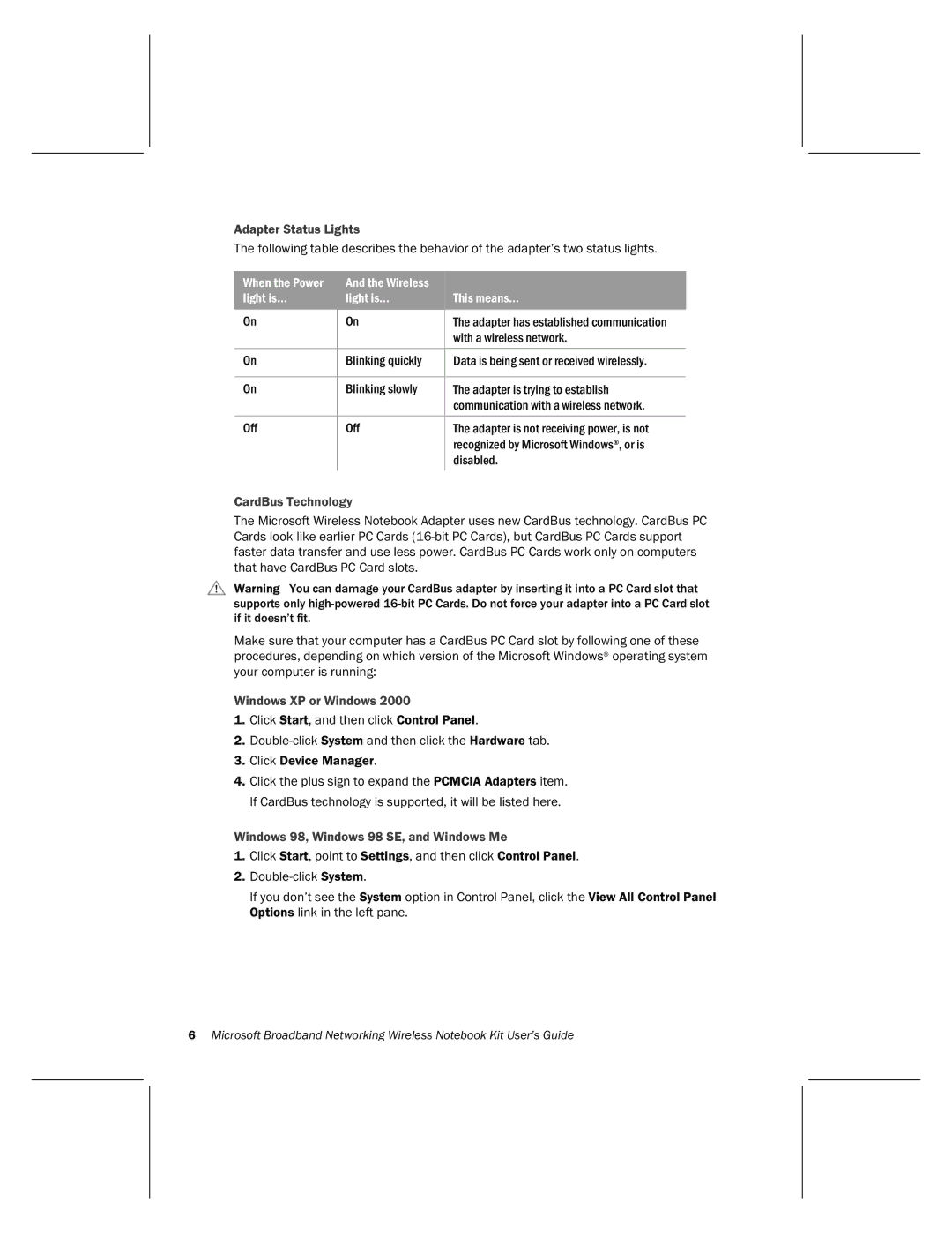 Microsoft MN-820 manual Adapter Status Lights, CardBus Technology, Windows XP or Windows 