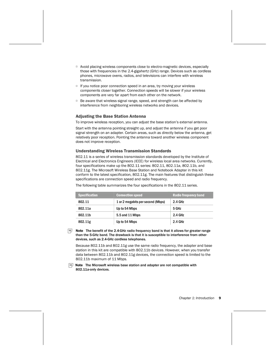 Microsoft MN-820 manual Adjusting the Base Station Antenna, Understanding Wireless Transmission Standards 