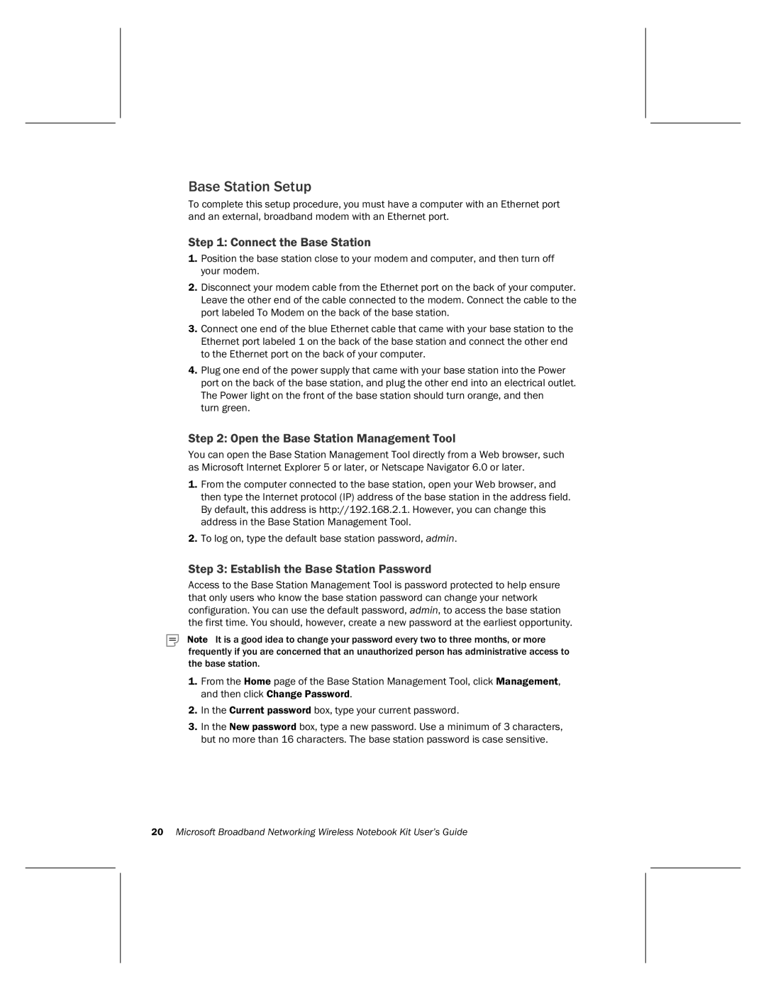 Microsoft MN-820 manual Base Station Setup, Open the Base Station Management Tool, Establish the Base Station Password 