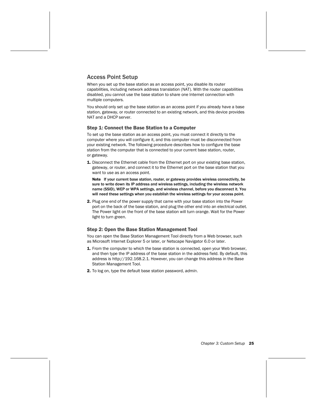 Microsoft MN-820 manual Access Point Setup, Connect the Base Station to a Computer 