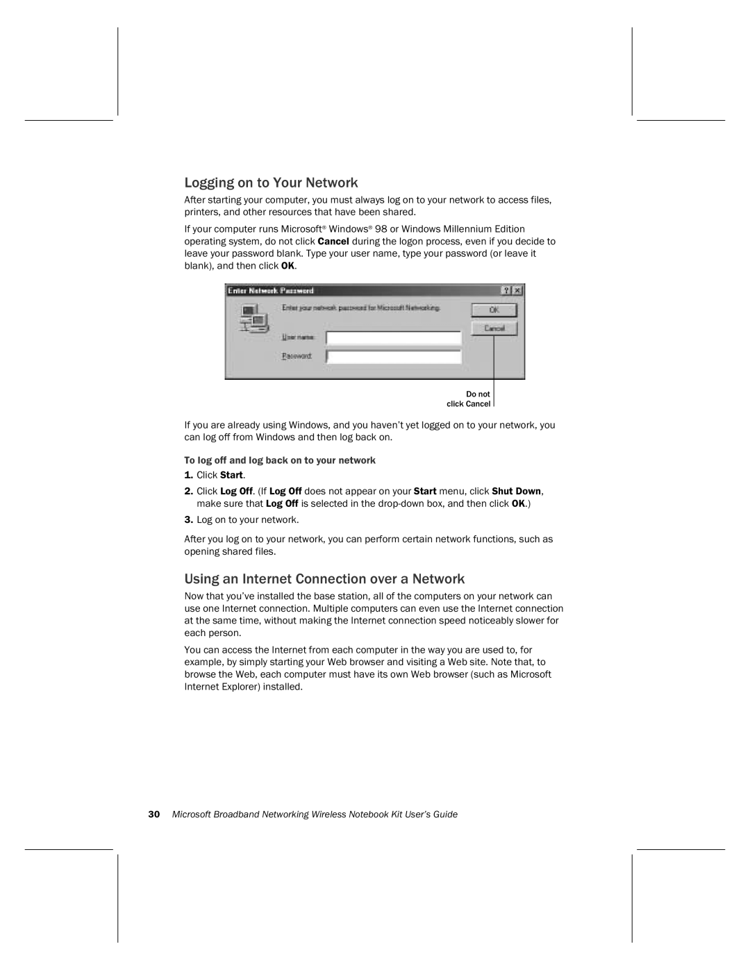 Microsoft MN-820 manual Logging on to Your Network, Using an Internet Connection over a Network 