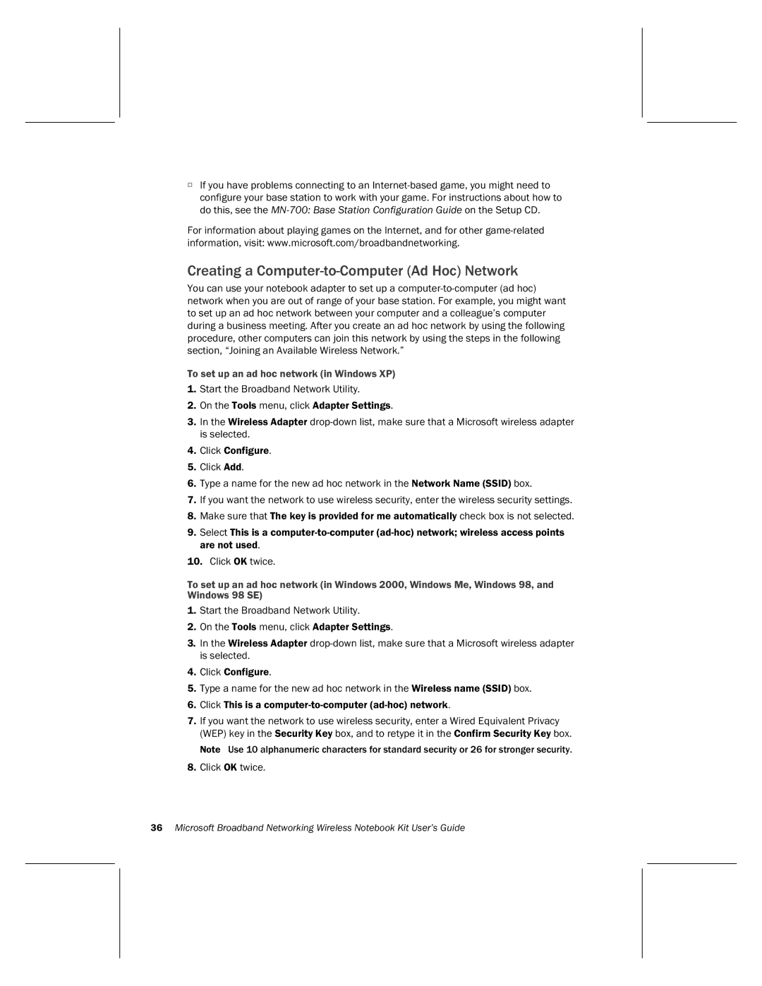 Microsoft MN-820 manual Creating a Computer-to-Computer Ad Hoc Network, To set up an ad hoc network in Windows XP 